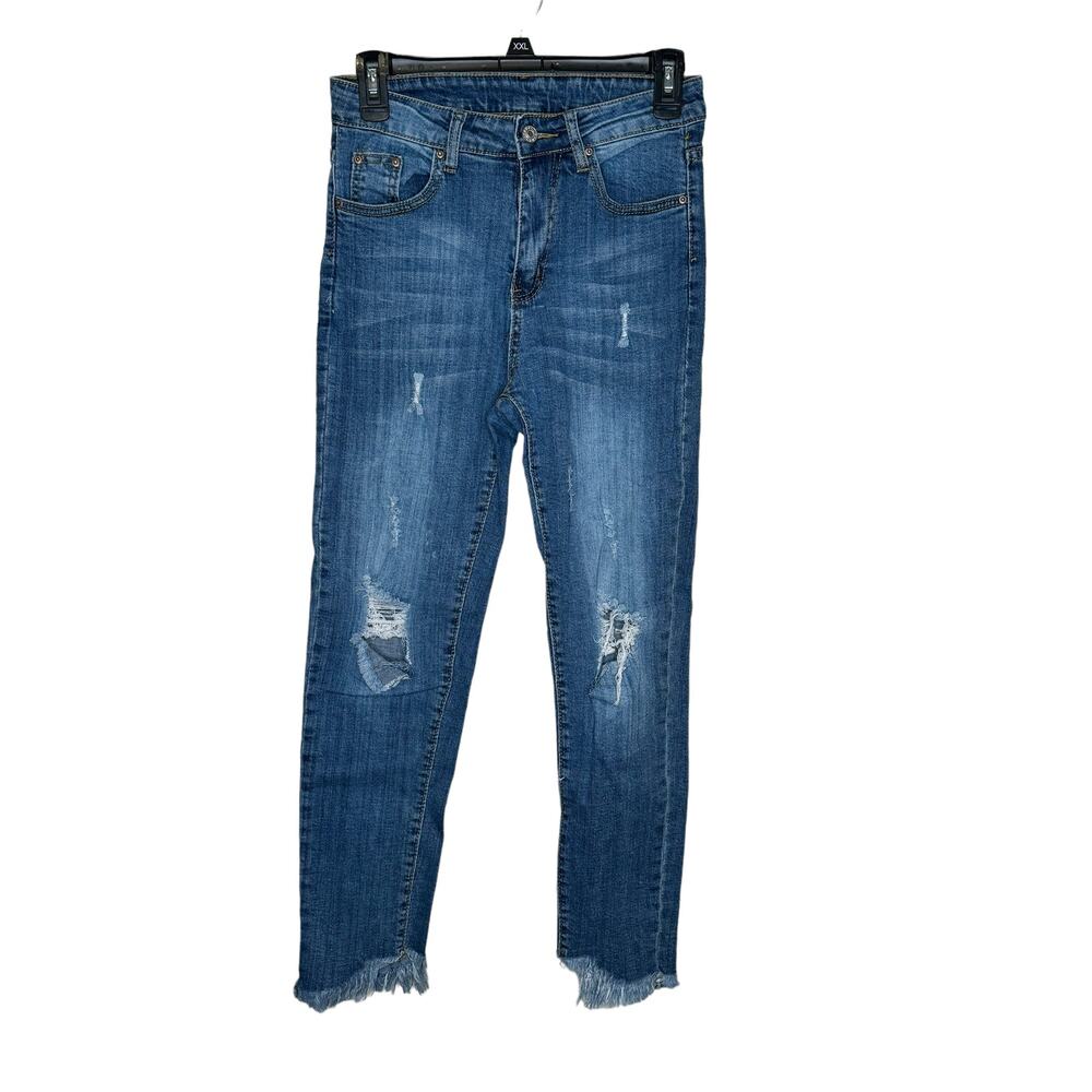 Unbranded Women's Jeans Distressed Frayed Hem Skinny Mid-Rise‎ Denim Blue Small